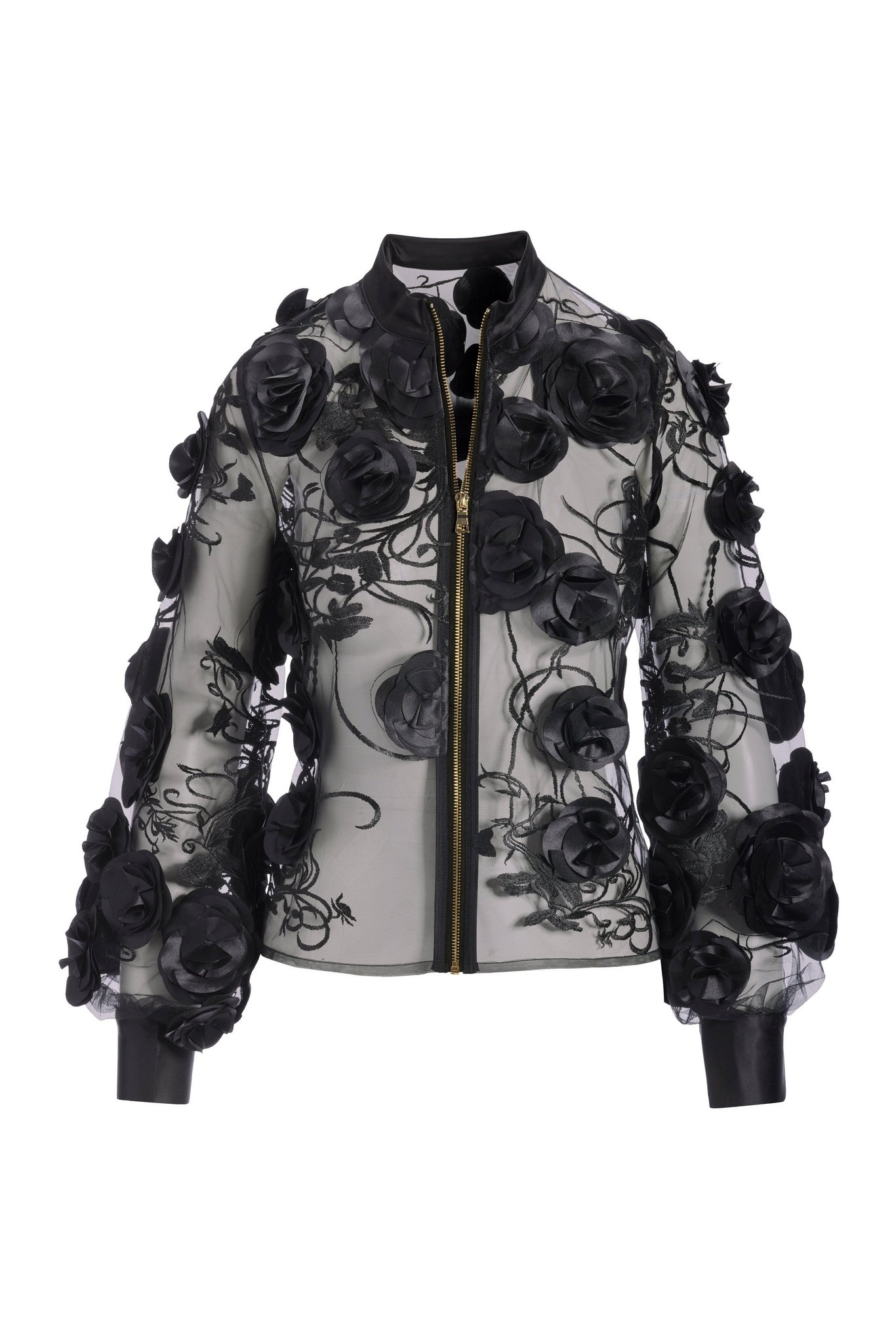 Mesh 3D Rosette Zip Jacket Black