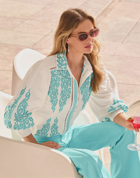 Hamptons Scroll Detail Button Up Shirt Tanager Turquoise
